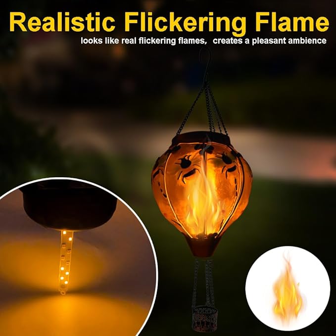 2PC Hot Air Balloon Solar Lantern with 2PC Shepherd Hook, Flickering Flame Hanging Solar Lanterns Outdoor Lights Waterproof Lanterns Decorative Garden Patio Yard Party Decor (Bees)