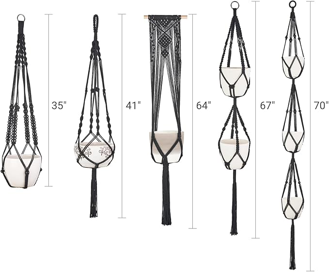 Mkono Macrame Plant Hangers, 5 Pack Different Tiers Indoor Hanging Planters Basket with 5 Hooks Decorative Flower Pots Holder Stand Boho Home Decor, Black