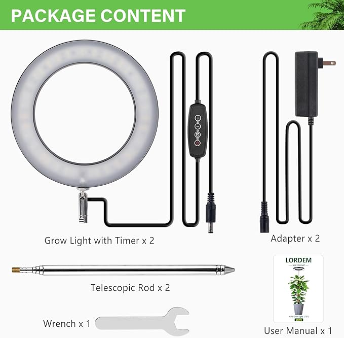 LORDEM Grow Light for Indoor Plants, 7.9" Full Spectrum LED Plant Grow Light, Height Adjustable Growing Lamp with Auto Timer 4H/8H/12H, 6 Dimmable Levels, Ideal for Large Tall Plants, 2 Packs, Black