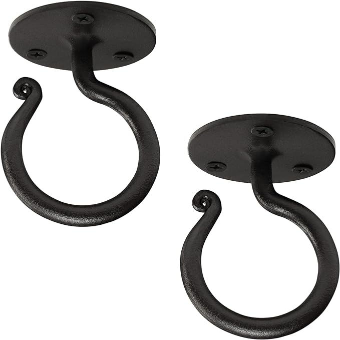 RTZEN Plant Hangers Outdoor or Indoor - Wrought Iron Metal Hanger Indoor Hook - Heavy Duty Wall Bracket Hooks for Hanging Plants Baskets Lanterns Wind Chimes - 2 Pack (Black Ceiling Hooks)