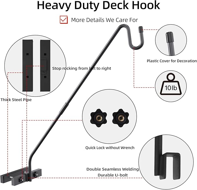 Deck Hook Railing Mount-Deck Railing Plant Hanger Outdoor,Metal Bird Feeder Hanger for Deck Railing,Fence Shepherds Hooks Pole Bracket for Hanging Hummingbird Feeder,Planter,Flower Baskets
