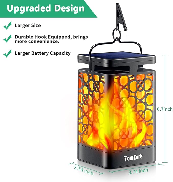 TomCare Solar Lanterns Outdoor Upgraded Flickering Flame Waterproof Hanging Lanterns Decorative Solar Powered LED Christmas Lights for Patio Deck Yard, 2 Pack