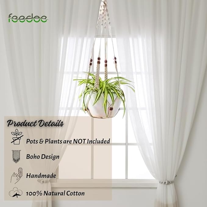 2 Pack Plant Hanger Indoor, Hanging Plant Holder, Macrame Plant Hangers, Handmade Boho Plant Hanger with Wood Beads, No Tassels Indoor Outdoor Flower Pots Holder, Home Décor Ivory (POTS NOT Included)