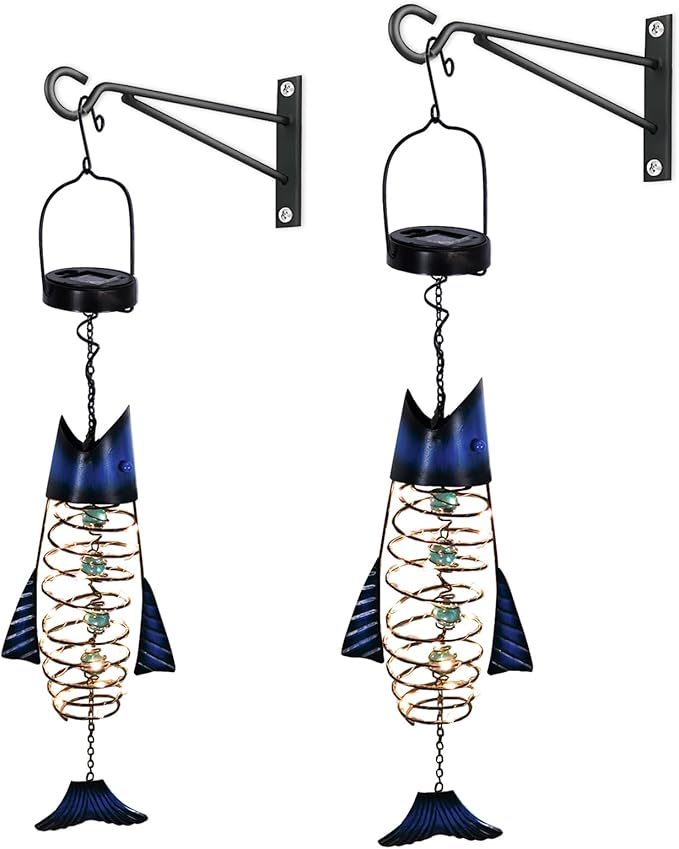 HONGLAND 2 Pack Solar Lantern Outdoor - Metal Fish Hanging Decoration - Waterproof Warm LED Lights Outside - Unique Gifts for Garden Man Women Holiday Days, Birthdays, Attractive Addition to Yard Art