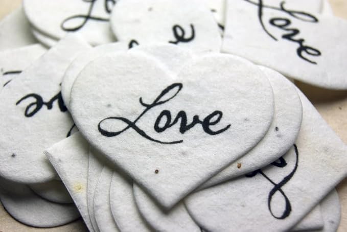 Of The Earth Handmade Paper - Wildflower Seed Paper Small Heart Tags - Calligraphy Variations - 1.75" X 1.5" - Set of 50 (Love)