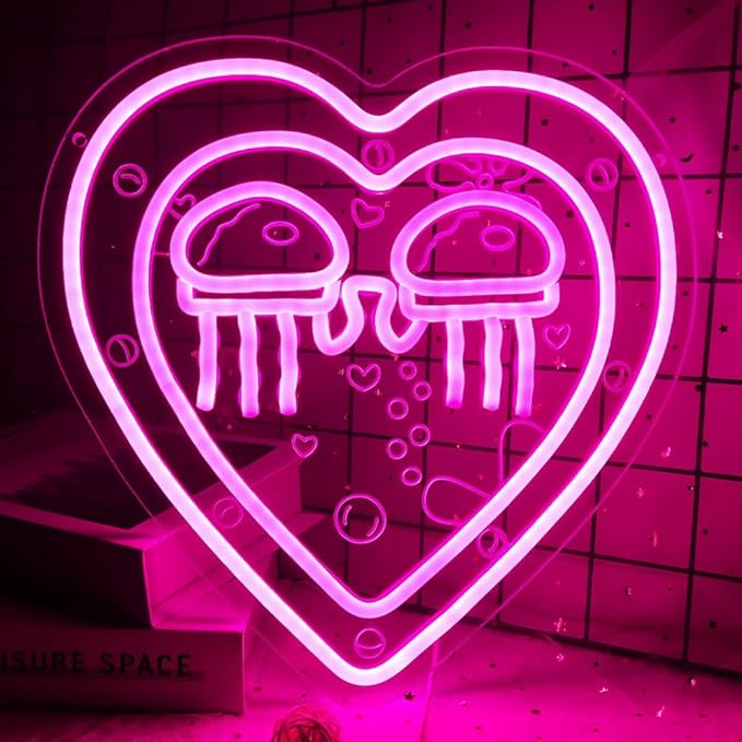 Jellyfish Neon Sign Ocean World Porthole Neon Lights Cartoon Sea World Led Neon Night Light Pink Heart Neon Sign for Wall Decor Bedroom Birthday Gifts for Kids USB Powered,Size13.5 * 12.5inch(JWD027)