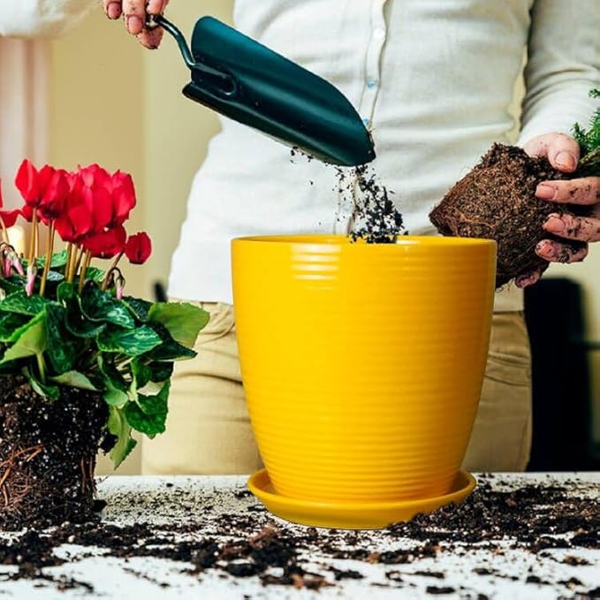 10 Inch Plant Pot - Ceramic Pot for Plants Outdoor Planter for Indoor Plants Large Plant Pot with Drainage Hole and Saucer Round Flower Pot for Home Patio Office Yellow