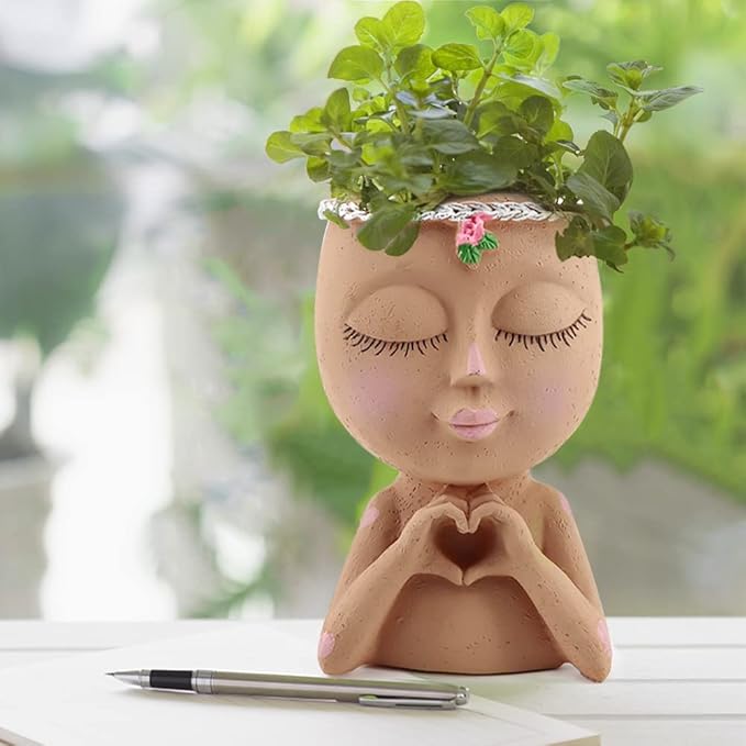 Meltset Face Planters Pots Head Unique Face Flower Pot Head Planter for Indoor Plants Cute Small Succulent Pots Indoor Plant Pot with Drainage (Brown)