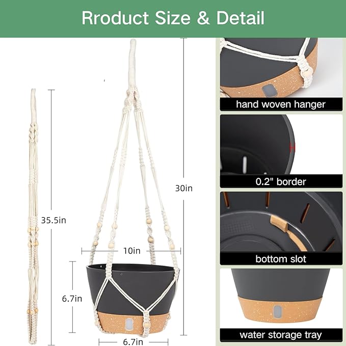 QCQHDU 2 Pack Hanging Planters for Indoor Plants, Outdoor Hanging Baskets, Self Watering Pots with Drainage Holes & Removable Tray (Dark Grey, 10 inch, Macrame Hanger)