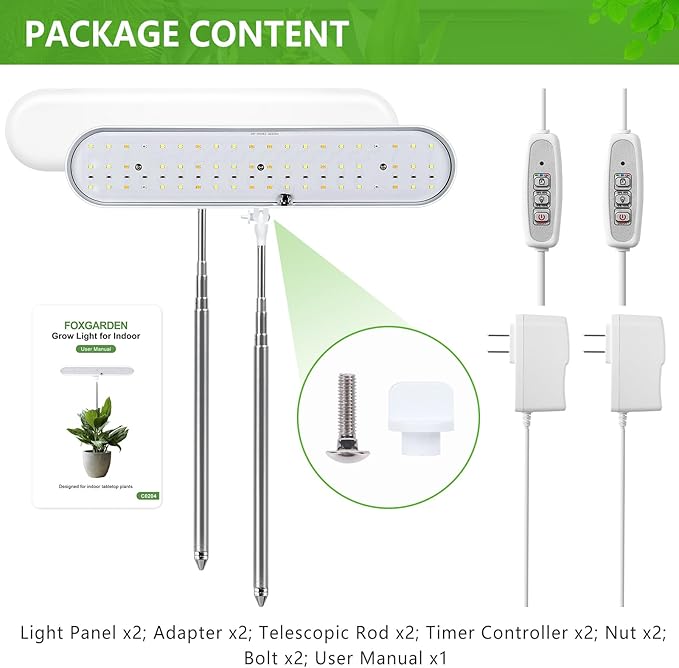 FOXGARDEN® Grow Light, Full Spectrum LED Grow Lamp, Plant Lights for Indoor,Auto Timer 4/8/12H, 4 Dimmable, Height Adjustable 8.5"-24", Growing Lights 2 Pack