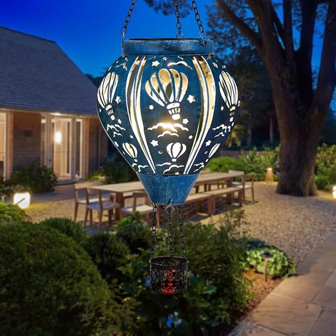 Hot Air Balloon Solar Lantern, Hollow Out Solar Powered Hot Air Balloon Lantern Outdoor Waterproof, Blue Metal Hanging Hots Airs Balloons Solars Light for Outdoor Patio Garden Decor