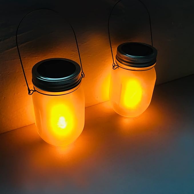 Solar Mason Jar Flicker Lights Upgraded, 4 Pack Flickering Torches Lights Outdoor Hanging Lanterns Landscape Decoration Lighting Dusk to Dawn Auto On/Off Security Halloween Torch Lights