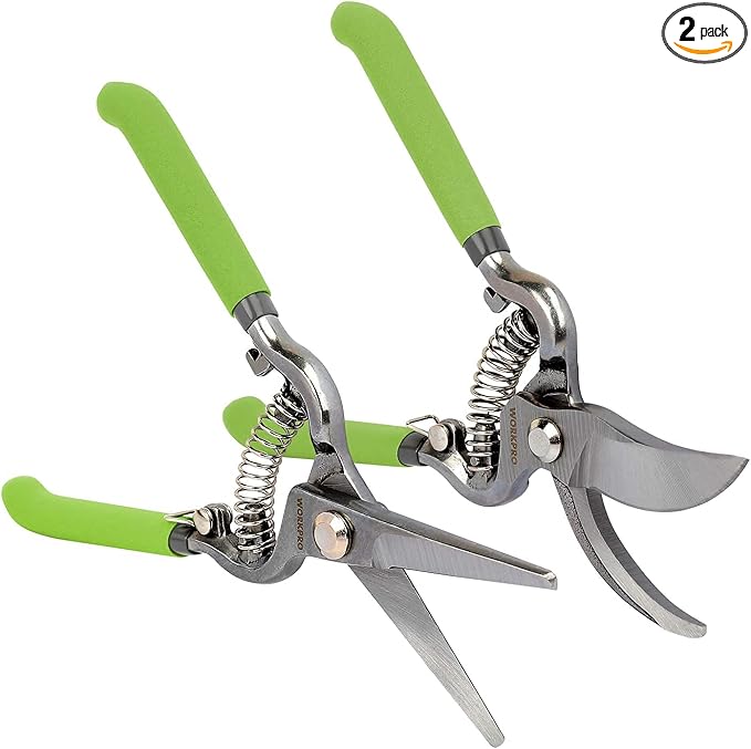 WORKPRO 2-Piece Pruning Shears Set, Drop Forged 8" Bypass Garden Shears and 8'' Handing Pruner with Steel Straight Blade