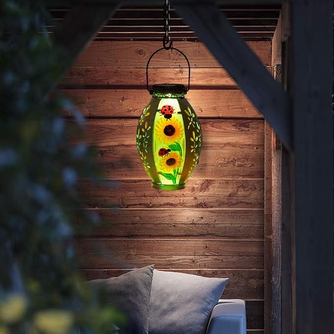 2 Pack Sunflower Solar Lantern,Retro Solar Lanterns Outdoor Waterproof,Stained Glass & Metal Hanging Solar Lantern,LED Tabletop Lamp Solar Lights,Sunflower Outdoor Solar Lanterns for Pathway