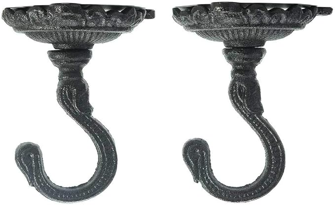 Sungmor Heavy Duty Ceiling Hooks for Hanging Plants, 2PC Black 3.5x3.9Inch Large Cast Iron Ceiling Hooks, Antique Decorative Ceiling Swag Hooks for Hanging Planter Chandelier Wind Chime Lantern Hanger