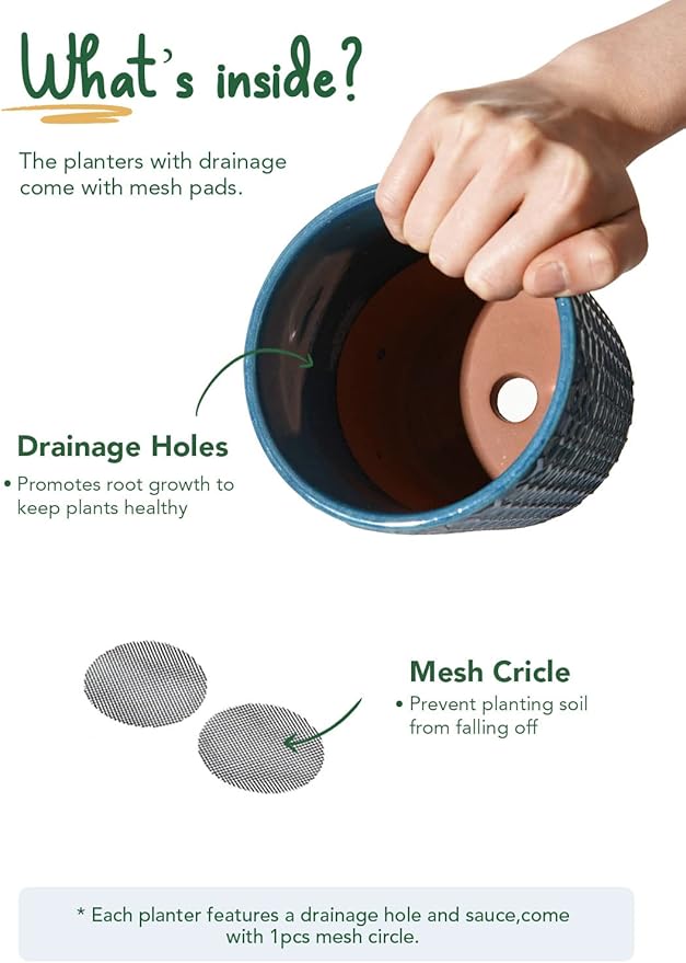 LE TAUCI Ceramic Plant Pots, 5.5 Inch Pots for Indoor Plants, Planters with Drainage Hole and Saucer, Flower Pots for Succulent, Snake Plants and Cactus, Set of 2, Reactive Glaze Blue