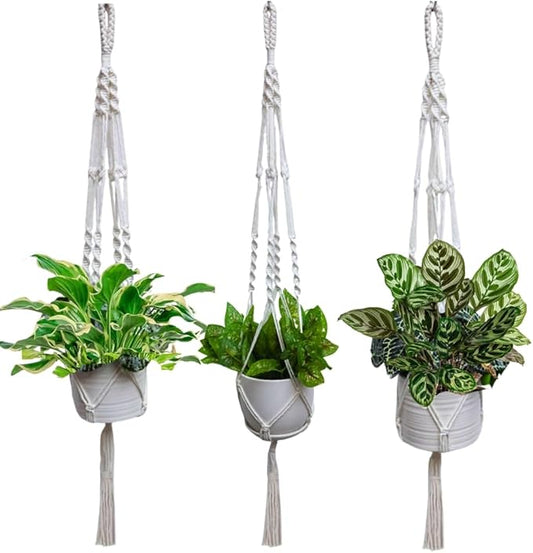 3 Pack Macrame Plant Hanger Indoor Hanging Planter for Plants Holder, Hanging Pot Holder Macrame Decorative Flower Pot Holder with 3 Hooks for Indoor Outdoor Boho Home Décor, Ivory (POTS NOT INCLUDED)