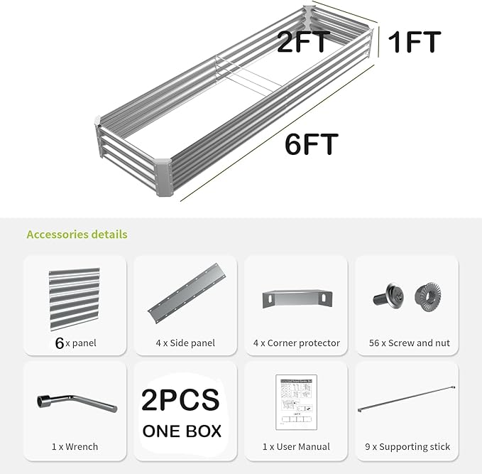 6X2X1FT-2P Galvanized Raised Garden Beds Outdoor,Planter Raised Beds for Gardening, Vegetables, Flowers,Large Metal Garden Box,Deep Plant Flower pots Outdoor.