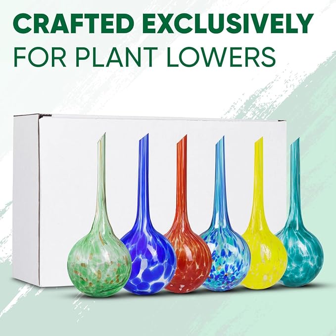 Plant Watering Globes Set of 6 - Small Self Watering Globes for Indoor & Outdoor Plants - Multicolored, Automatic, Glass Watering Bulbs for Daily Use, Plant Watering Devices