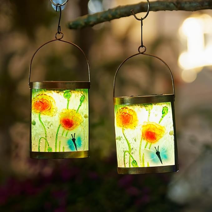 Starsoul 2 Pack Hanging Solar Lantern Outdoor Waterproof Glass Butterfly and Flowers Decorative Solar Lights for Outside Garden Yard Table Patio Decor