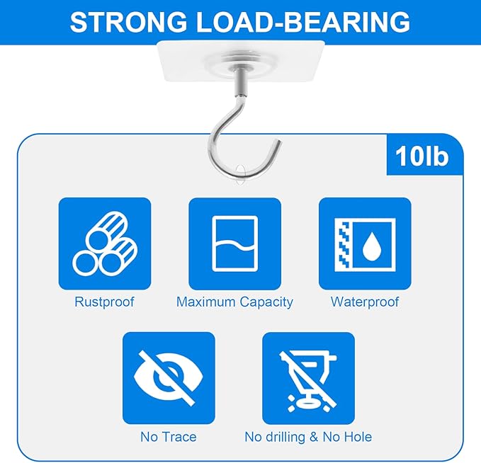 Adhesive Ceiling Hooks,10 Pack No Drill Ceiling Hanging Hook for Hanging Plants Lanterns,Wind Chimes Stainless Steel Outdoor Adhesive Hooks