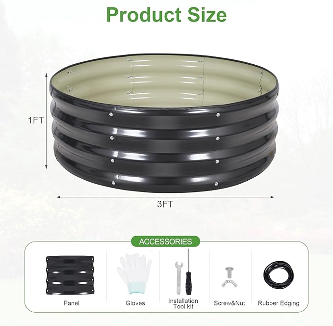 Galvanized Raised Garden Bed- 2Pcs 3x3x1FT Metal Planter Boxes Outdoor | Round Steel Raised Bed Kit & Fire Pit Ring for Gardening with Protective Tape, Gloves for Vegetables, Flower (Grey)