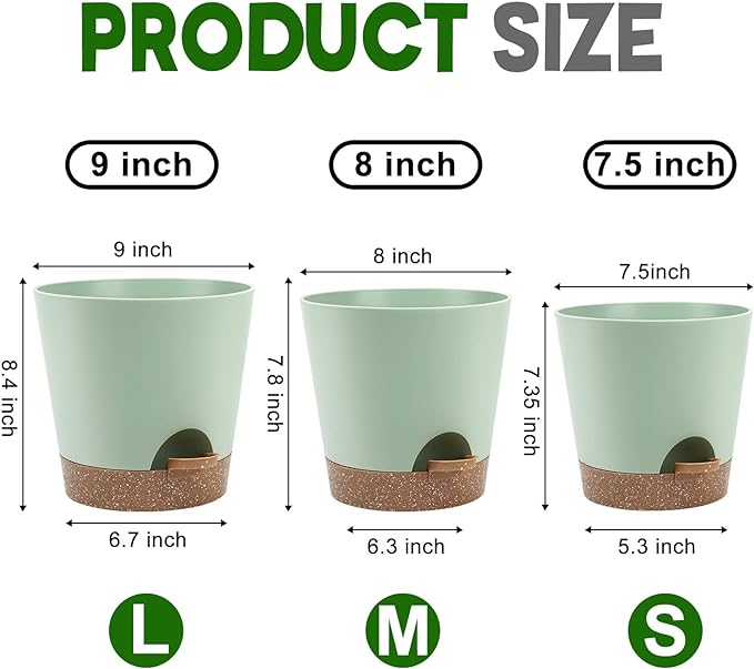 Indoor Self Watering Planters with Drainage Holes and Saucers, 9,8, 7.5 Inches, Green, 3 Pots (Springgreen)