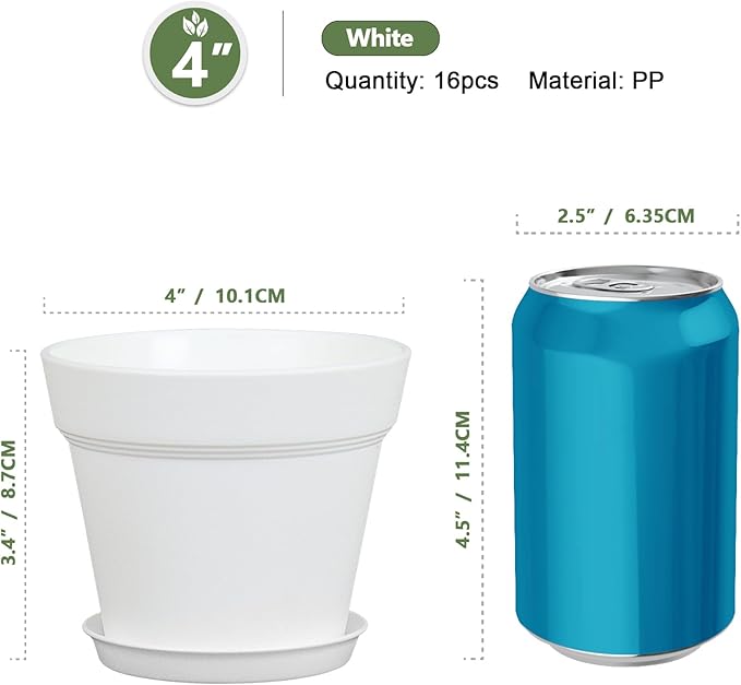 4 inch Small Plastic Nursery Pots, Seedling Pots, 16 Pack Plant Pots for Indoor Outdoor Plants, Flower Pots with Drainage Holes and Saucers, Decorative Planters for House Plants, White