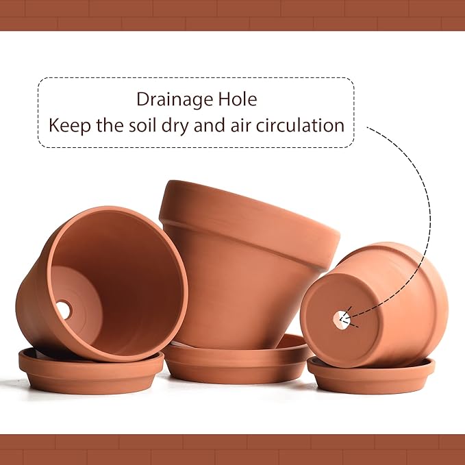 INGOFIN Terracotta Pots Set with Saucer - 5/6/7 inch Ceramic Clay Planters with Drainage Hole, Garden Flower Succulent Pots with Tray for Indoor Outdoor Plants, Set of 3