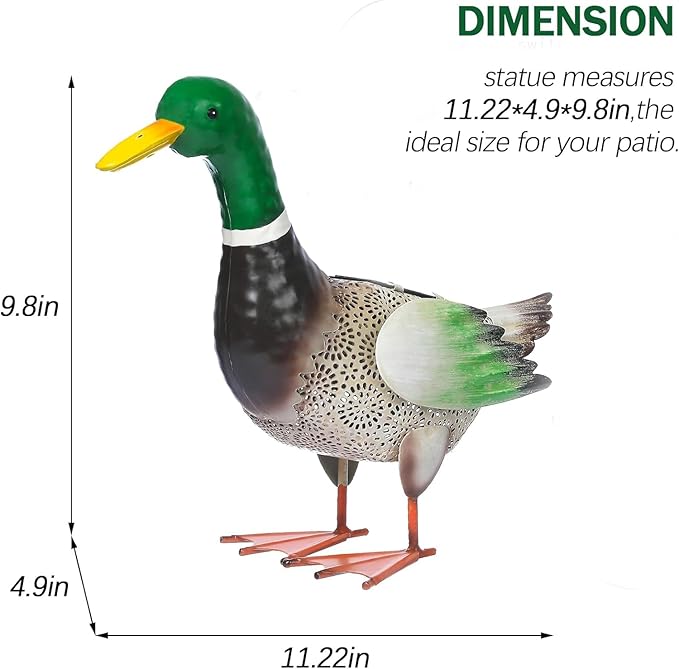 Metal Outdoor Duck,with Solar Light Duck Ornament, Metal Mallard Sculptures, for Backyard Patio Decor and Garden Lawn Decor, Mother's Day and Father's Day Gifts9.8H (Mallard)