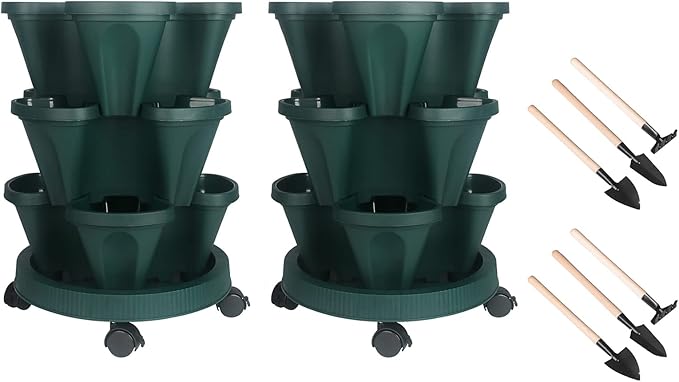 Vertical Planter 3 Tier Stackable Planters Garden Planters Strawberry Herb Flower and Vegetable Planter Indoor Outdoor Gardening Pots with Removable Wheels and Tools 2-Pack