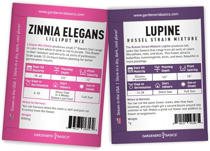 Gardeners Basics, Hummingbird Seeds for Planting Outdoors Flower Seeds (5 Variety Pack) Zinnia, Foxglove, Lupine, Morning Glory, Snapdragons Varieties for Bees, Pollinators Wildflower Seed