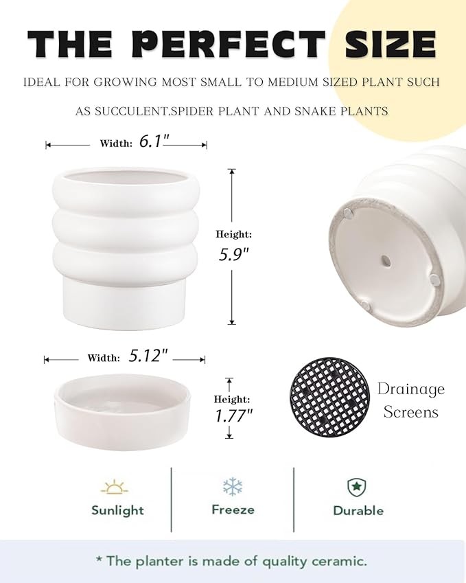 Bubble Ceramic Plant Pots with Drainage Holes and Saucers,6 inch Medium Flower Pots Modern Decor Planter for Indoor Plants(White)