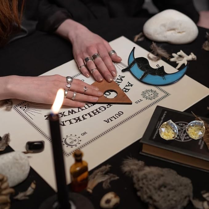 Black Cat Decor On Blue Moon Stained Glass for Window, Crystals Suncatchers for Window Ball Prism Rainbow Maker Chain Easy Hanging, 2 Balls and 1 White Gift Boxe for Cat Lovers Halloween Decor