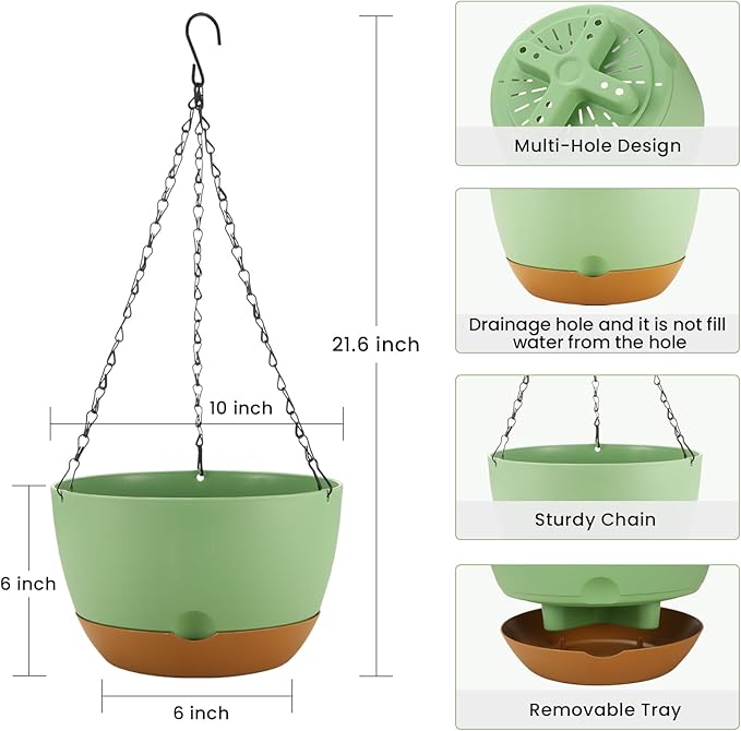 10 Inch Hanging Planter, 2 Pack Hanging Plastic Plant Self Watering Pot with Drainage Holes & Saucers, Hanging Baskets Flower Pots for Indoor Outdoor Garden Plants and Flowers-Green