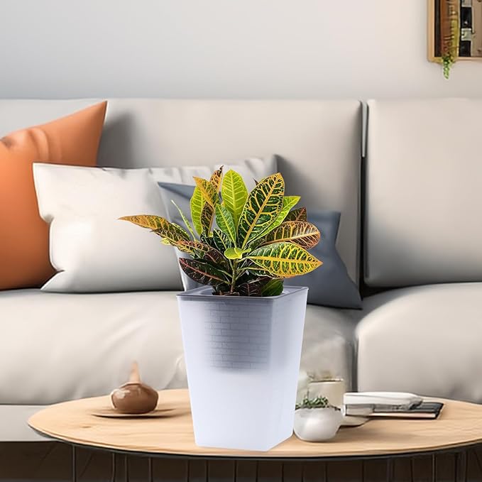 Self Watering Planter 2 Pieces 6 Inch, Plastic Flower Pots with Inner Pot Indoor Plants Brick Pattern Flowerpot for Indoor Plants, African Violets, Flowers, Herbs (Hazy White)