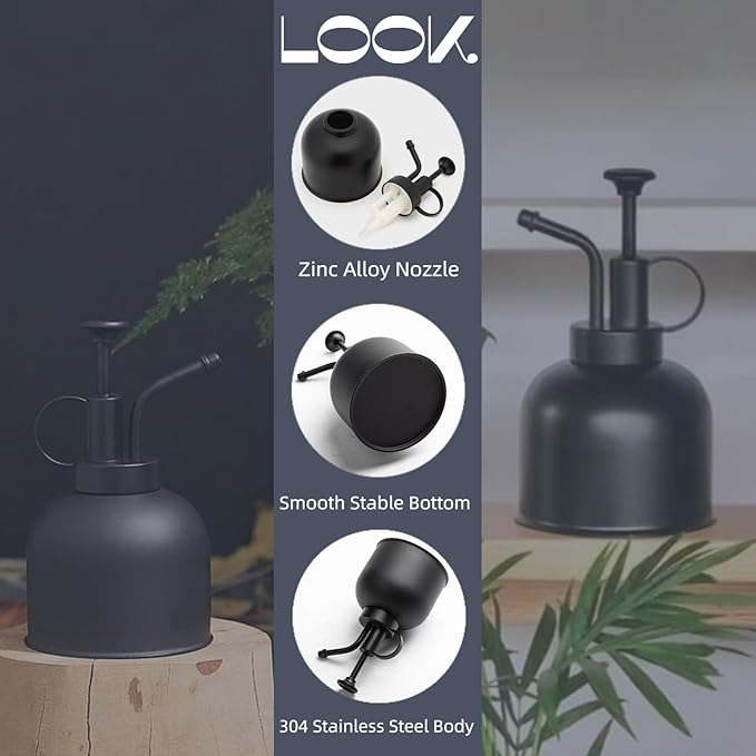 300ml Stainless Steel Plant Sprayer Suitable for Iindoor Potted Plants Watering and Spraying, Mmodern Gardening Tools With Top Pump for Small Plant Mister Spray Bottle (Black-02)