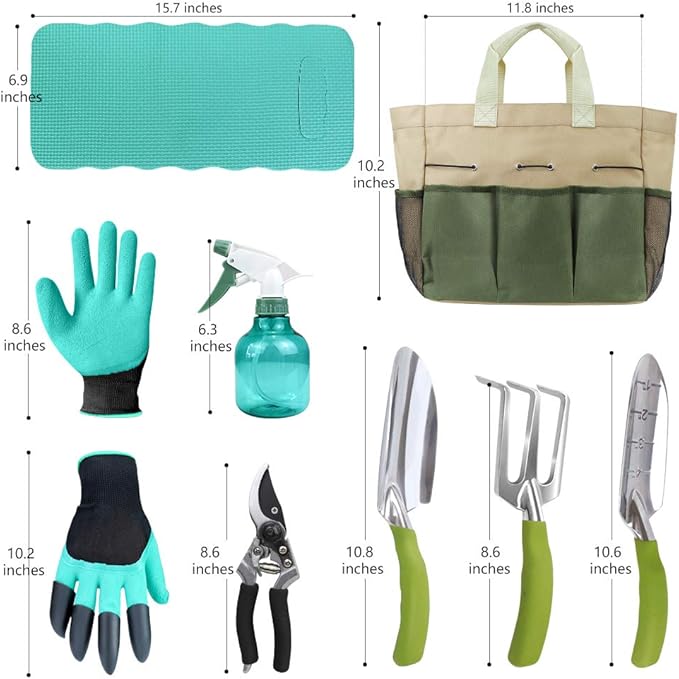 Garden Tools Set with 3 Pcs Aluminum Gardening Tools, 1 Pc Pruning Shear, 1 Pc Mister Spray Bottle, 1 Pc Foam Kneeler,1 Pair Garden Gloves with Claws and 1 Pc Gardener Bag, Gifts for Mom Dad
