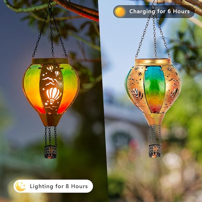 Hanging Solar Hot Air Balloon Lantern with Flame Outdoor Waterproof, Solar Outdoor Lanterns Light Garden Patio Decor Indoor, Balloon Lanterns Mother's Day Gifts for Women Grandma Mom