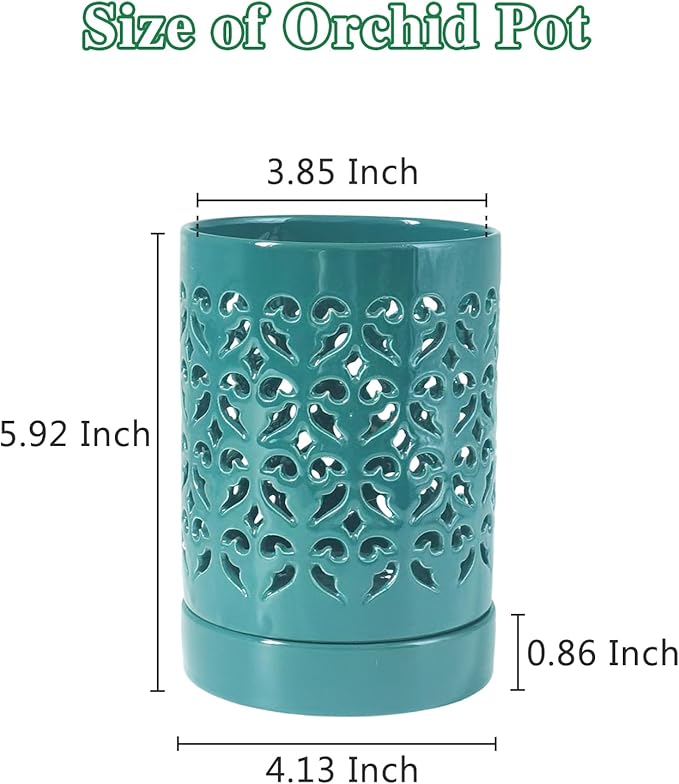 Ceramic Orchid Pot 4 Inch, Orchid Pots with Holes, Plant Pot for Repotting, Flower Planter Pot Indoor Outdoor, Breathable Slotted Orchids Planter Green