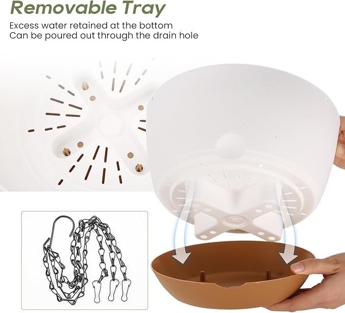 10 Inch Hanging Planter, 2 Pack Hanging Plastic Plant Self Watering Pot with Drainage Holes and Saucers, Hanging Baskets Flower Pots for Indoor Outdoor Garden Plants and Flowers-White