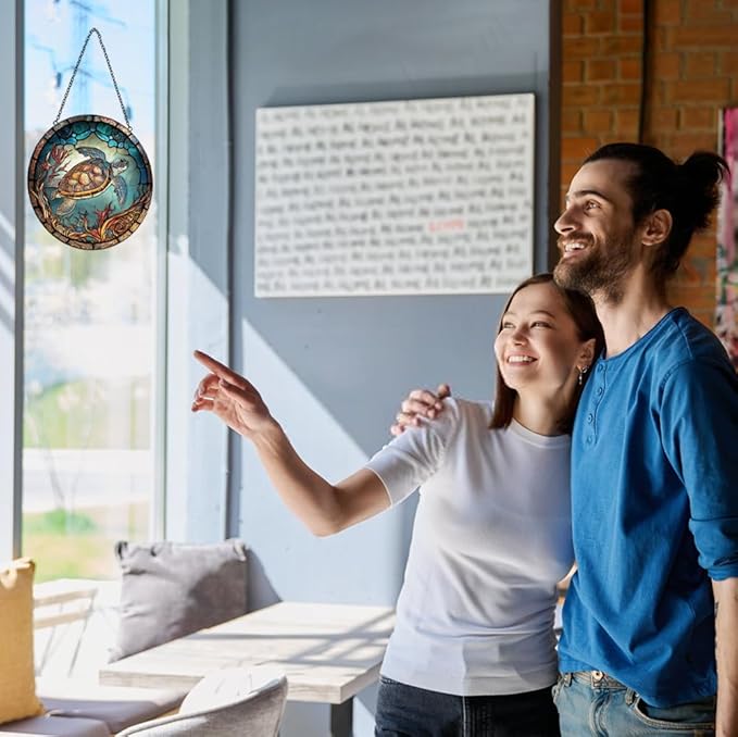 Sea Turtle Decor Suncatcher Stained Glass Window Hanging - Handmade Stained Glass Suncatchers Hangings with Hooks - Sea Art Glass Outdoor Garden Decor Gift for Women Him Valentines Day Birthday Gifts