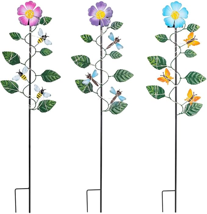 Set of 3 Solar Garden Lights,23'' H Flowers&Insect Decorative Garden Stakes,Waterproof Metal Spring Yard Art Decor,Solar Stake Lights for Outside,Lawn,Yard,Patio