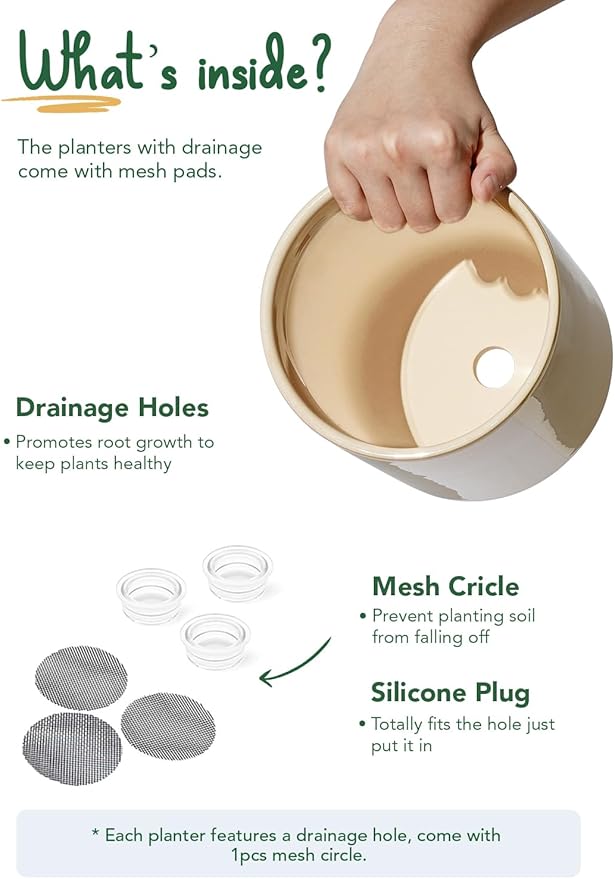 LE TAUCI Large Plant Pots Set, 10/8/6 Inch Ceramic Planters for Indoor Plants, Mid-Century Modern Planter Pots with Drainage Hole and Plug, Round Planter Pots, Set of 3, Reactive Glaze Cloud Cream