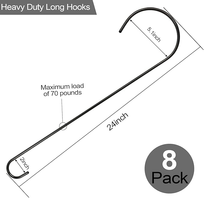 8 Pack 24 Inch Large Tree Branch Hooks Long S Hooks for Hanging Plants, Bird Feeder Hook for Tree, Metal Garden Hooks for Hanging Baskets, Plants, Lanterns Outdoor and Indoor Uses (Black)