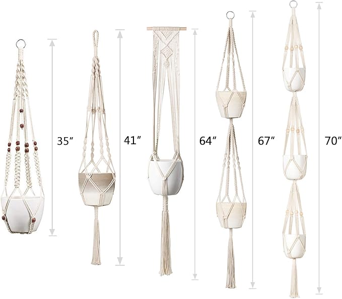 Mkono Macrame Plant Hangers, 5 Pack Different Tiers Indoor Hanging Planters Basket with 5 Hooks Decorative Flower Pots Holder Stand Boho Home Decor, Ivory