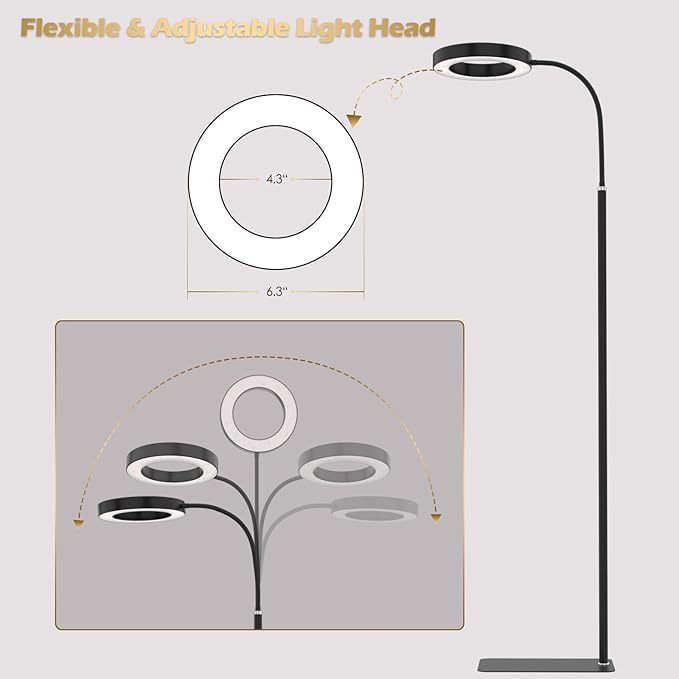 GLOWRIUM Grow Lights for Indoor Plants, 20W Full Spectrum LED Grow Light Floor Lamp with Stand Adjustable Height and Angle, Black Plant Light with 3/9/12H Grow Light Timer