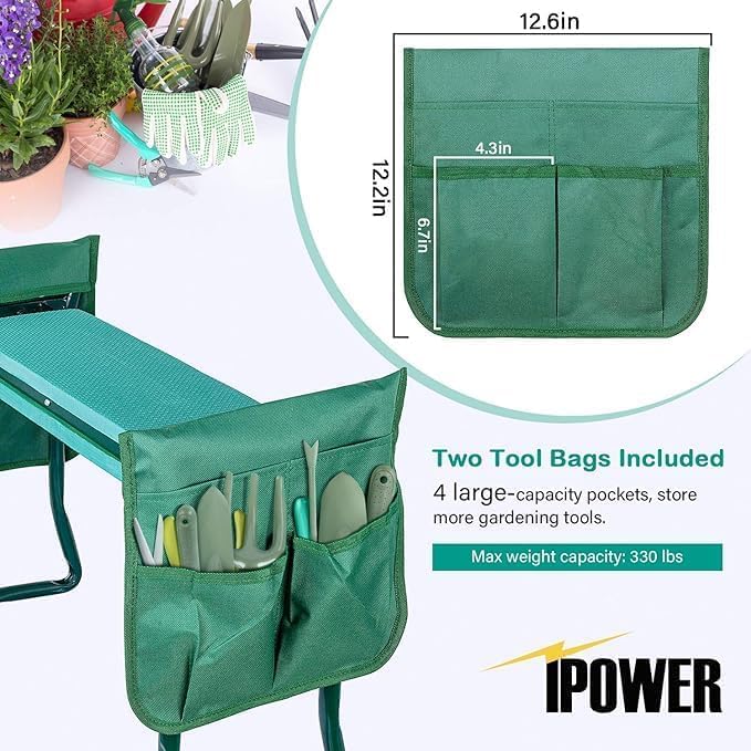 iPower 2-in-1 Garden Kneeler and Seat with 3 Pack 10 Gallon Potato Grow Bags, 2 Removable Tools Pouch and Soft Kneeling Pad, No Assembly, Portable Heavy Duty Garden Stool for Women Men Seniors