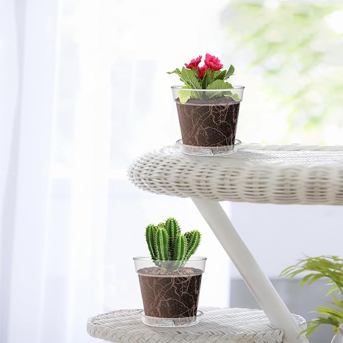 4 Inch Clear Nursery Pots, Set of 8 Transparent Plant Flower Pots for Small Indoor Plants with Drainage Holes & Trays, Plastic Seedling Starter Pots for Various Plants