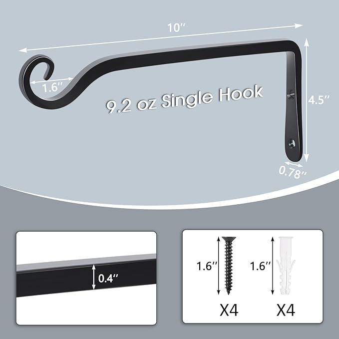 Gtongoko 2 Pack 10 Inch Plant Hangers Outdoor Metal Hanging Plant Bracket Bird Feeder Wall Hooks for Hanging Flower Basket, Wind Chimes, Solar Lanterns, Black